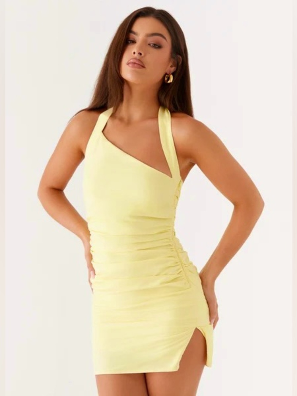 NWT PEPPERMAYO Annalissa Linen Mini Dress Asymmetric One-Shoulder Yellow Ruched